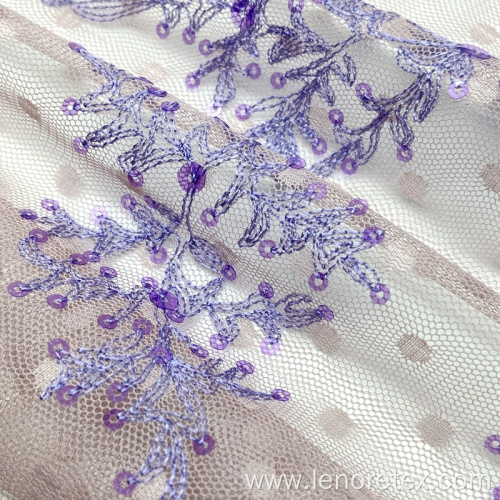 Polyester Embroidery Lace Mesh Fabric With Purple Sequin